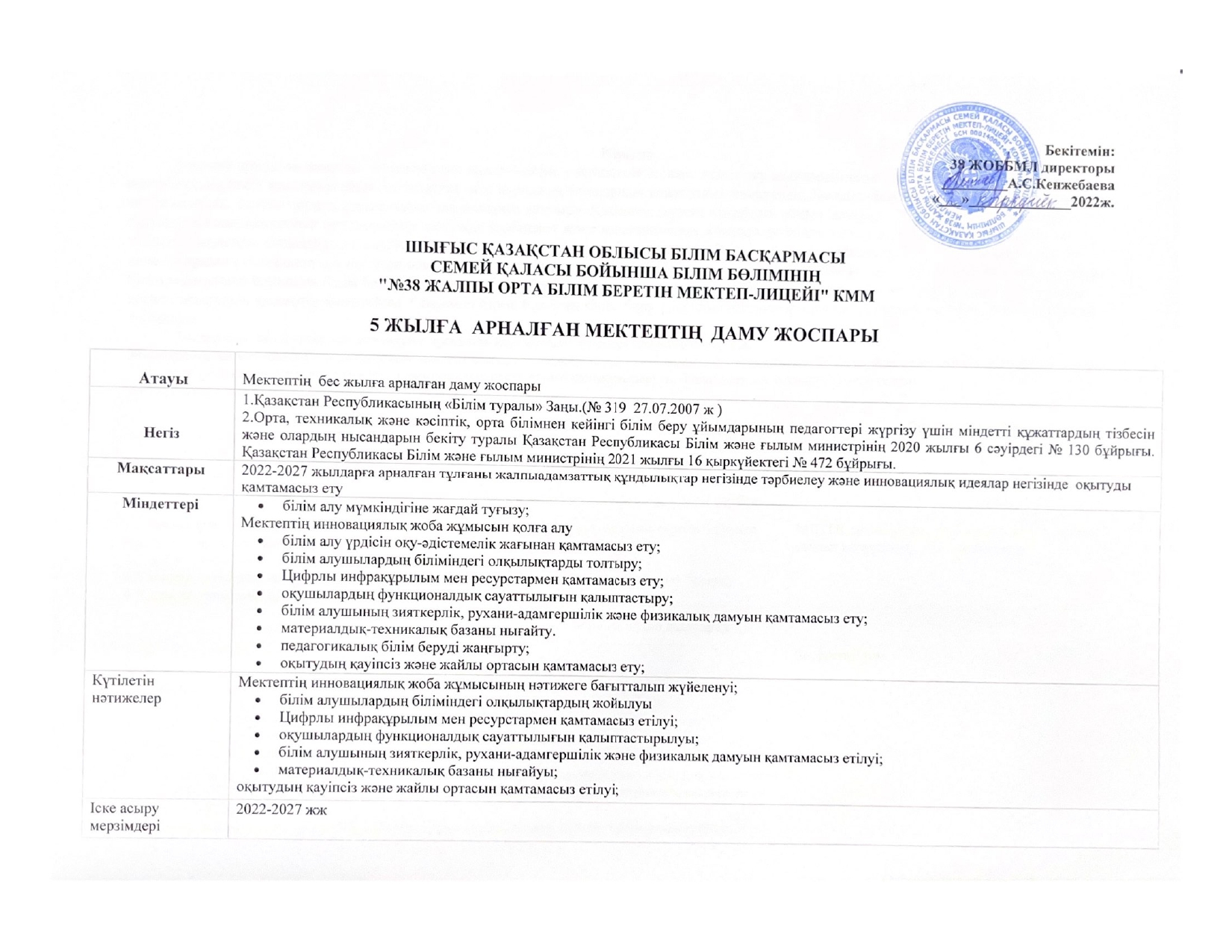 5 ЖЫЛҒА АРНАЛҒАН МЕКТЕПТІҢ ДАМУ ЖОСПАРЫ.