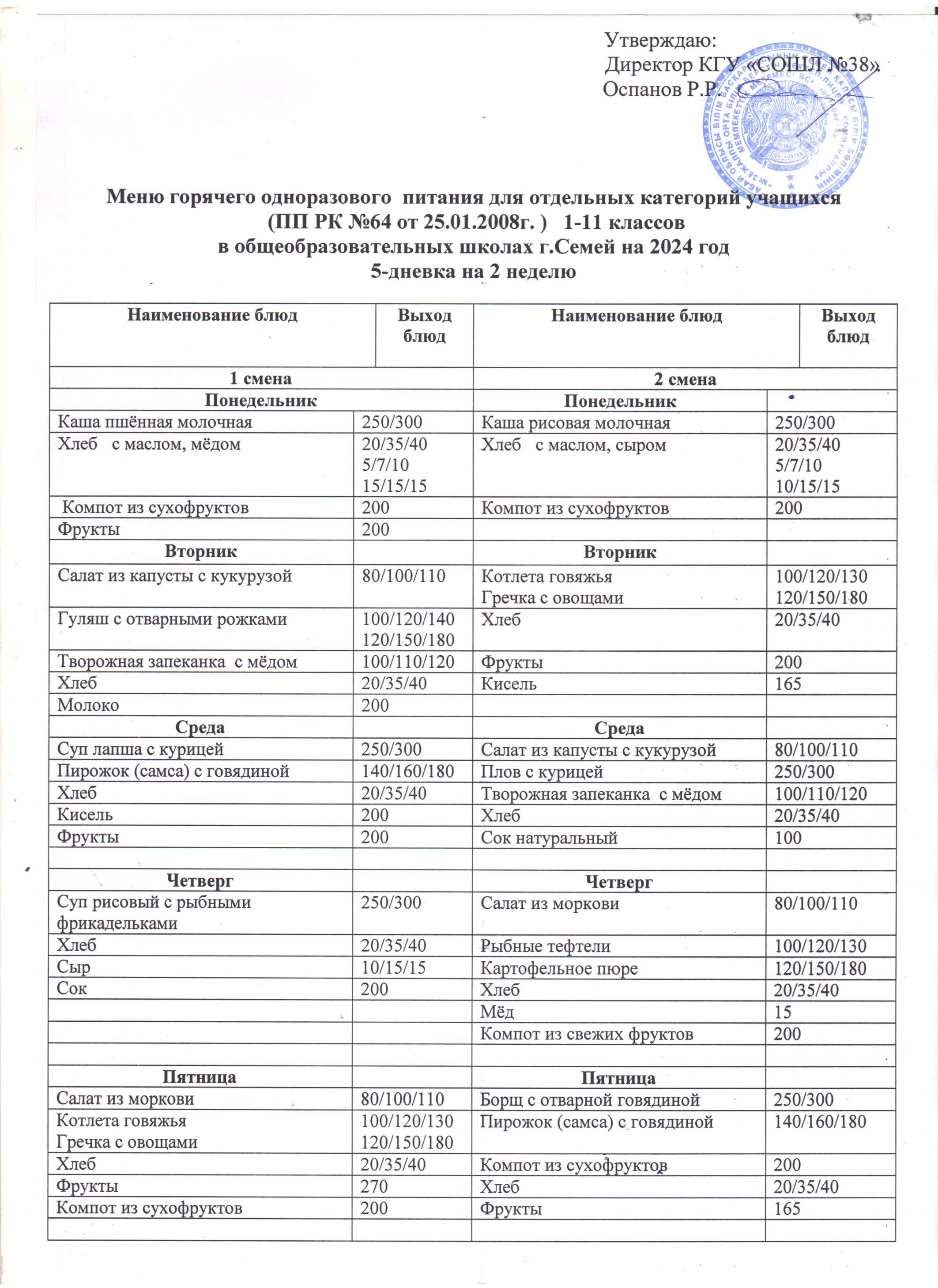 2023-2024 оқу жылындағы ас мәзірі / Меню за 2023-2024 учебный год