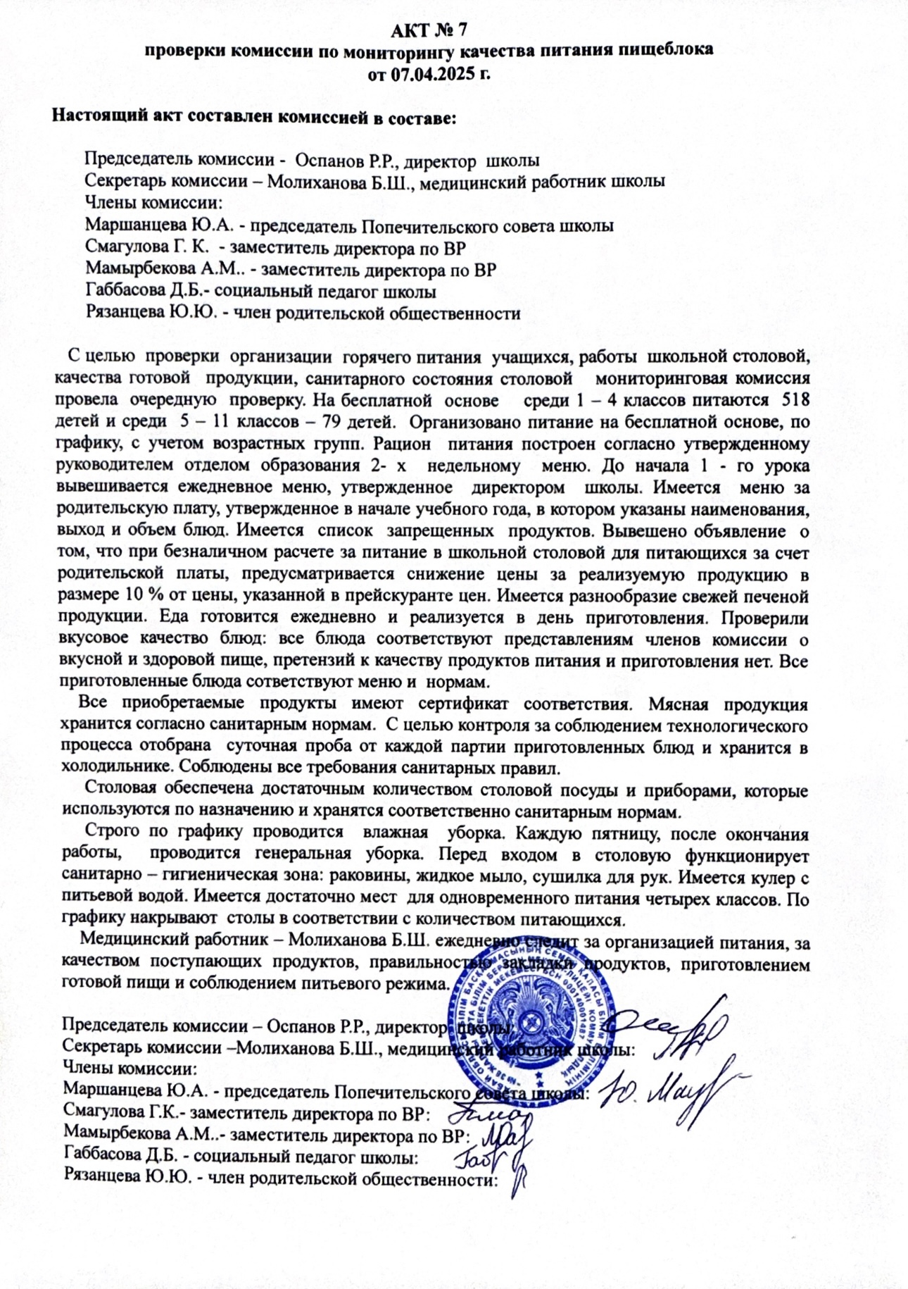 Акт №7 /  Акт №8  проверки комиссии по мониторингу качества питания пищеблока